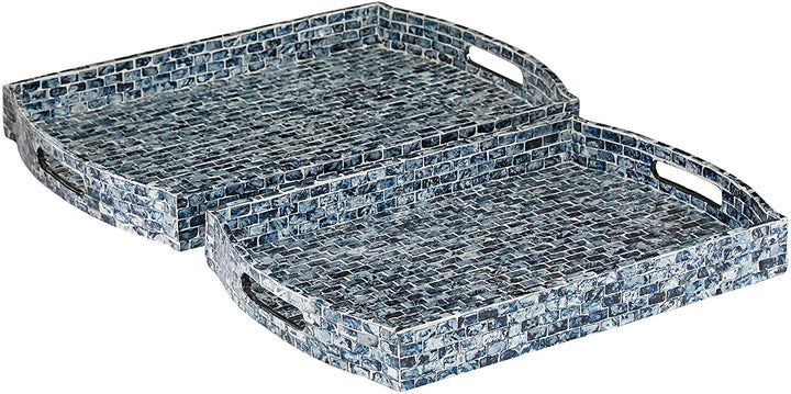 Rectangular Curved Wood Blue Shell Mosaic Patterned Tray Set