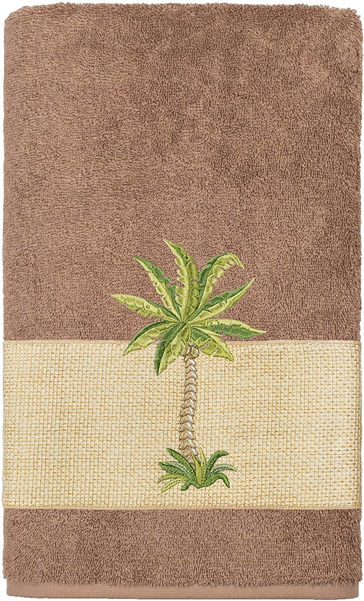 Turkish Cotton Palm Tree Embroidered Latte Brown 4 Piece Towel Set Color Block - Diamond Home USA