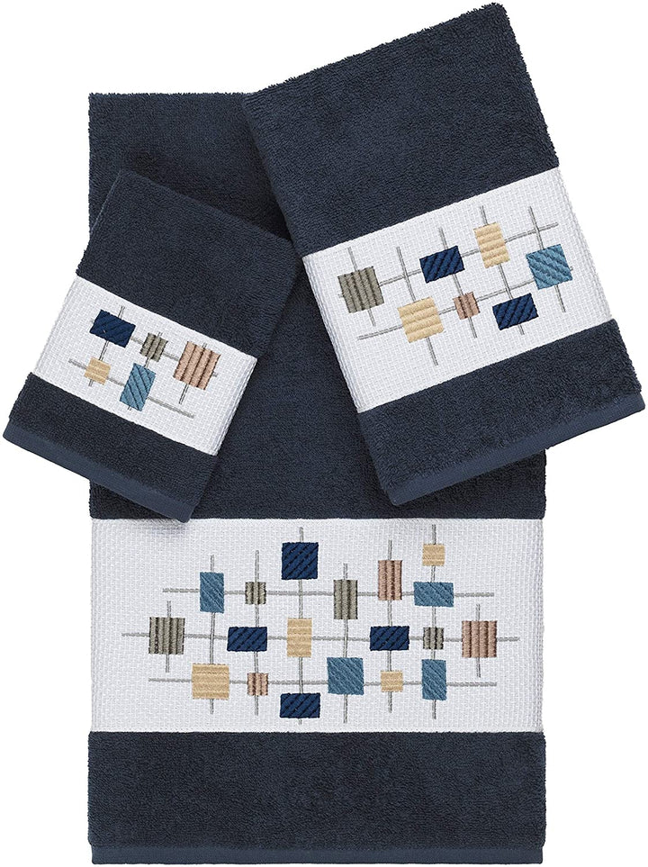 Turkish Cotton Squares Embroidered Midnight Blue 3 Piece
