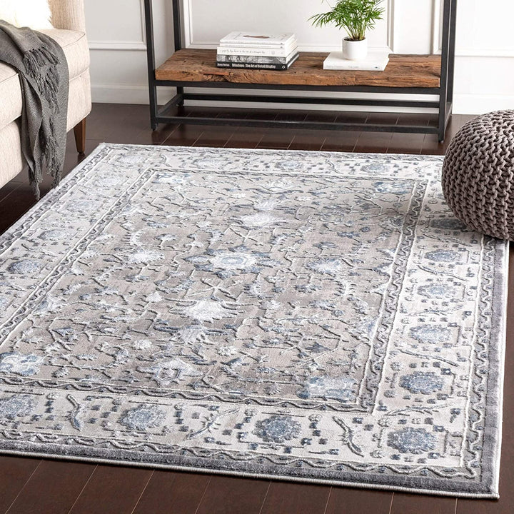 Blue Grey Traditional Area Rug 5'3" X 7'3" White Medallion