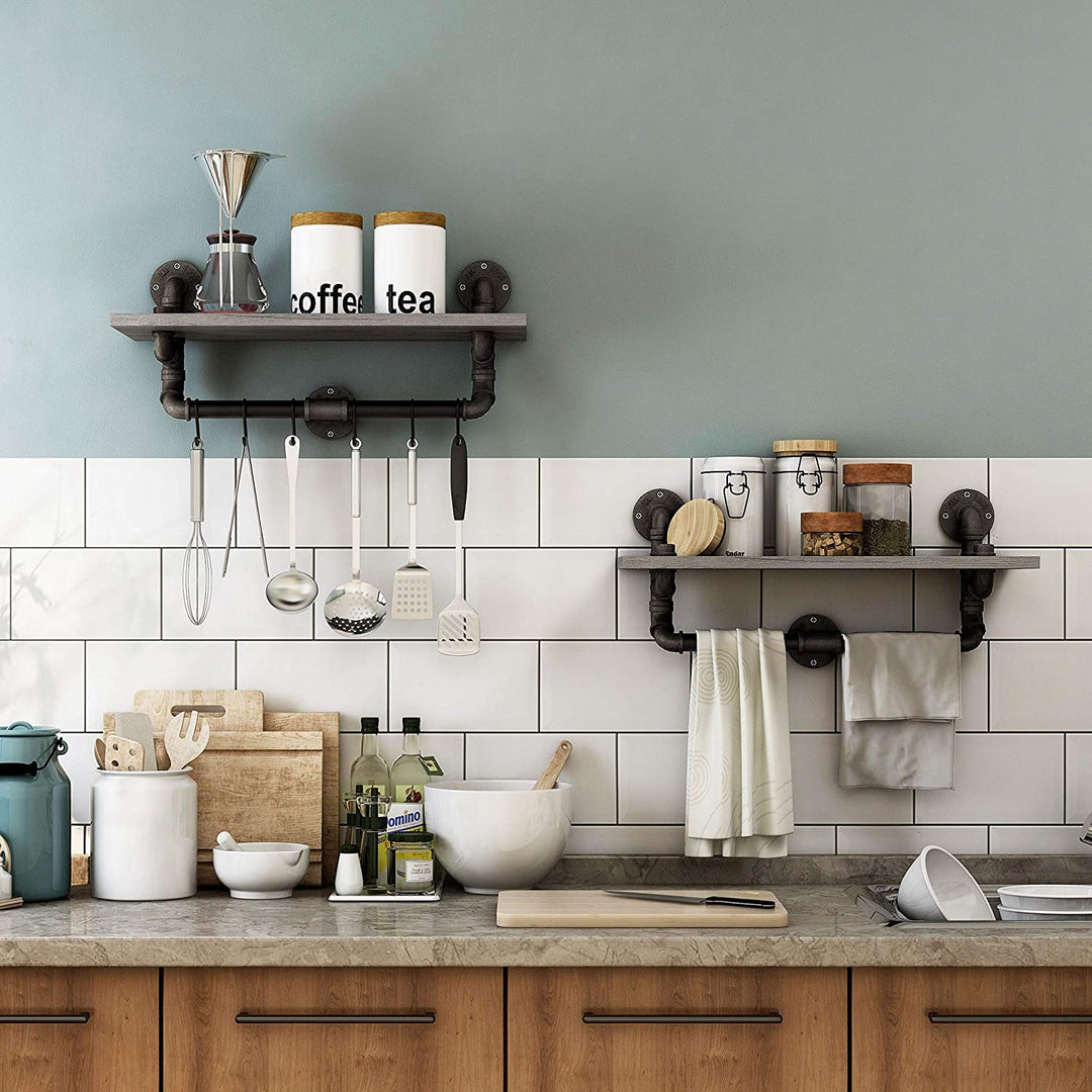 Industrial Grey Floating Wall Shelf Transitional Iron MDF Oak Finish Includes Hardware - Diamond Home USA