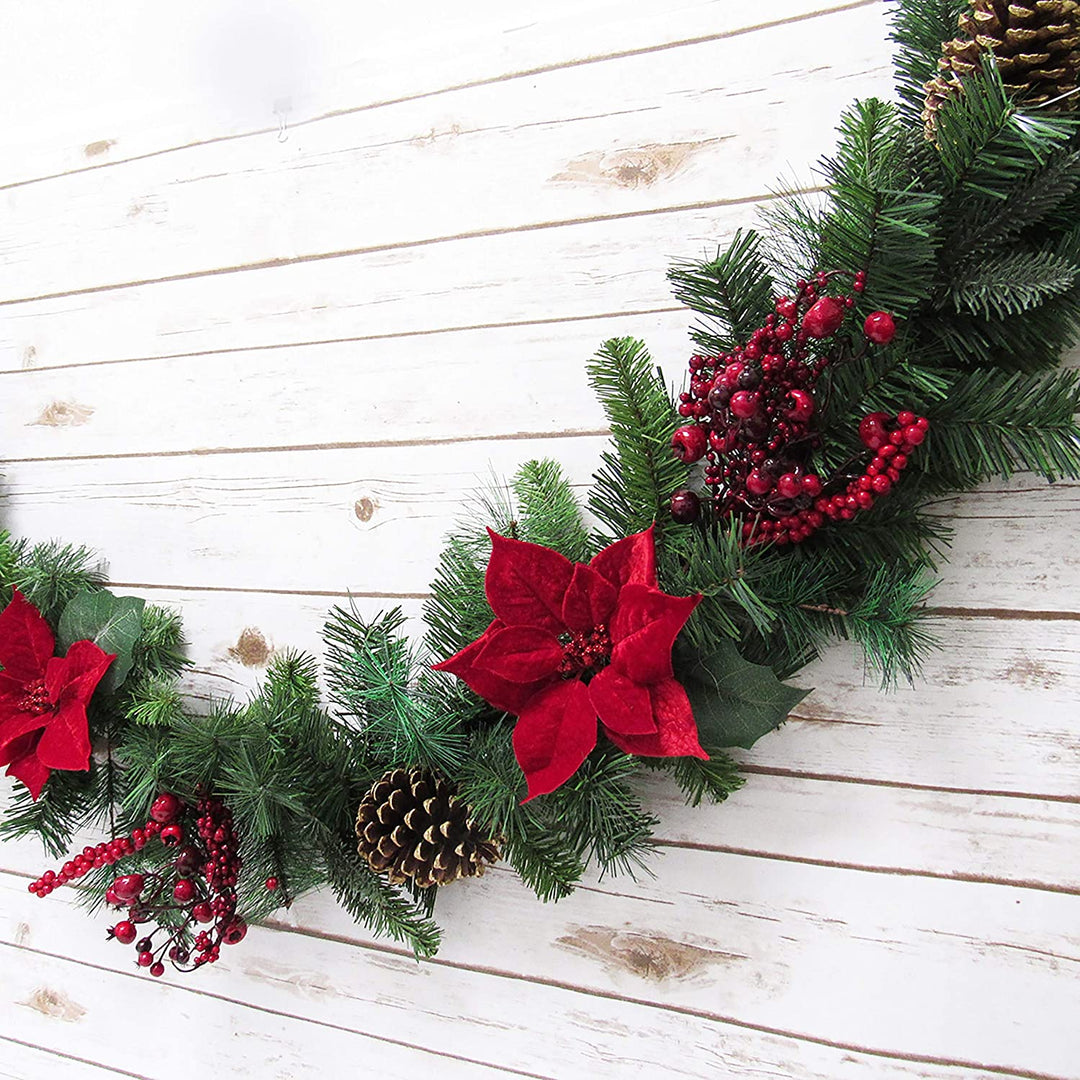 6ft Mixed Velvet Poinsettia Berry Pine Cone Garland Red Green 72" L X 8" W 7" Dp Un lit - Diamond Home USA