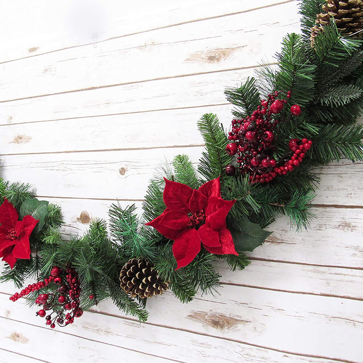 6ft Mixed Velvet Poinsettia Berry Pine Cone Garland Red Green 72" L X 8" W 7" Dp Un lit - Diamond Home USA