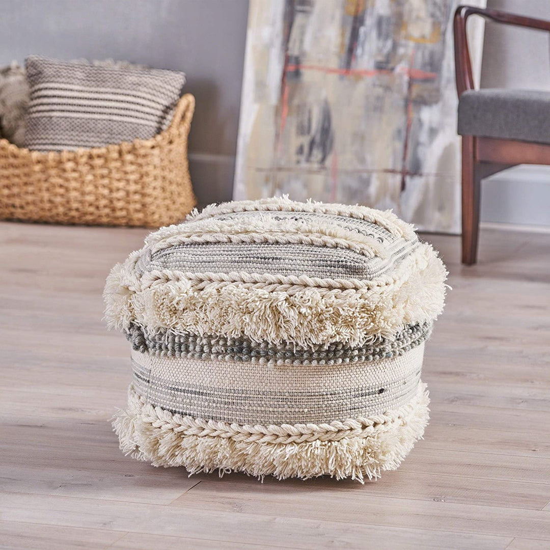 Handcrafted Boho Fabric Pouf Grey Bohemian Eclectic