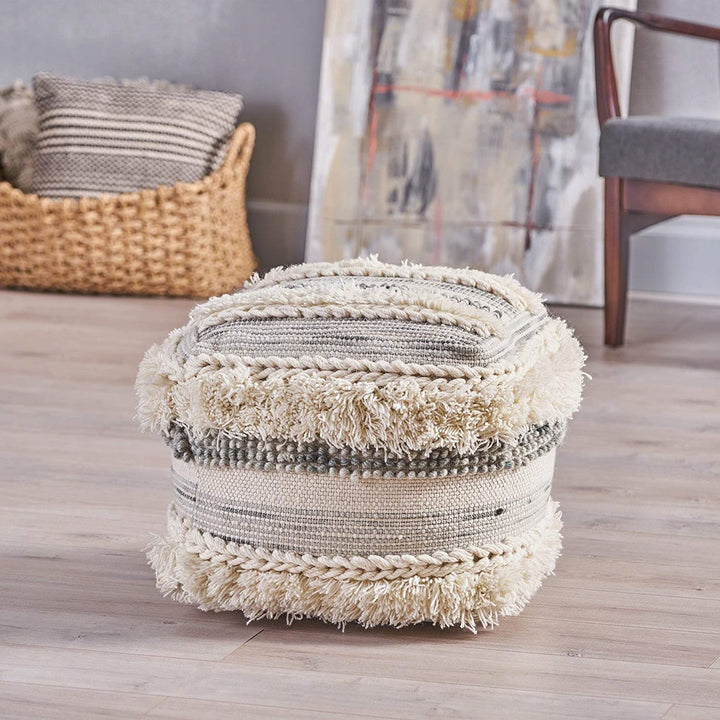 Handcrafted Boho Fabric Pouf Grey Bohemian Eclectic