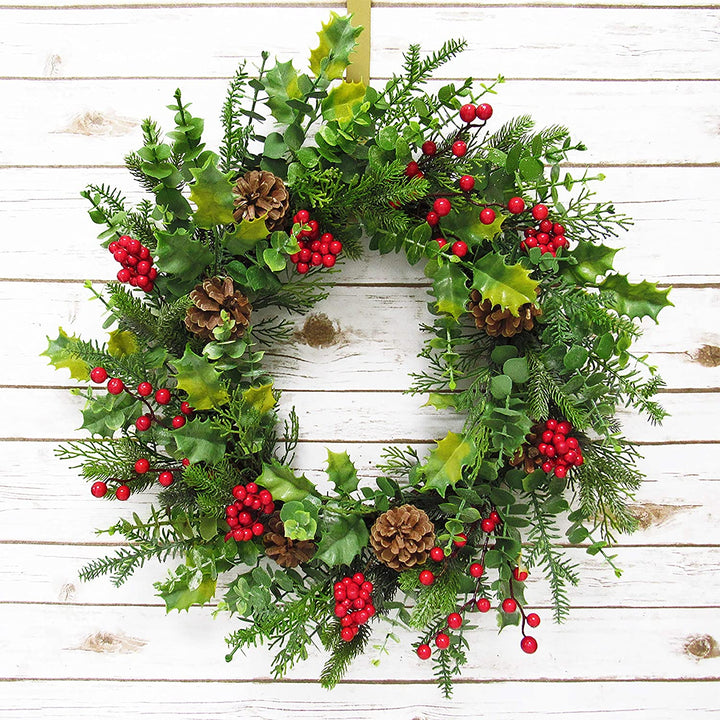Mixed Berry Pine Cone Eucalyptus Wreath 24in Green Red 24" L