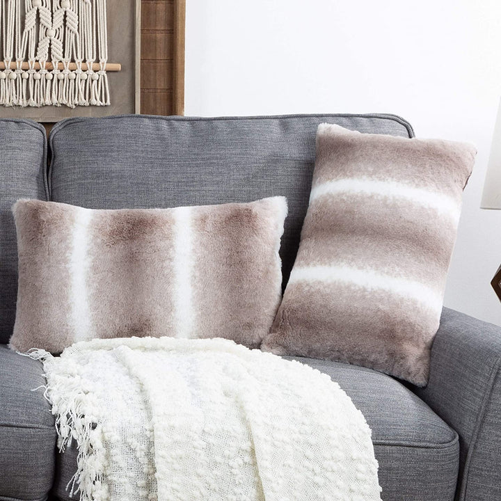 2 Pack Fur Pillows Gray/White Grey Taupe White Stripe Casual