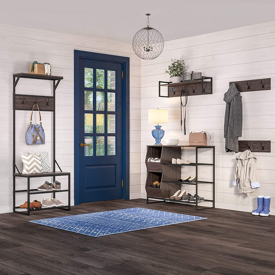 Weathered Wood Grain Finish/Black Metal Frame Hall Tree Brown Veneer Includes Hardware