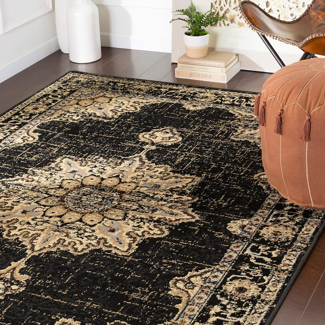 Traditional Black Area Rug 6'7" X 9'6" Medallion Rectangle
