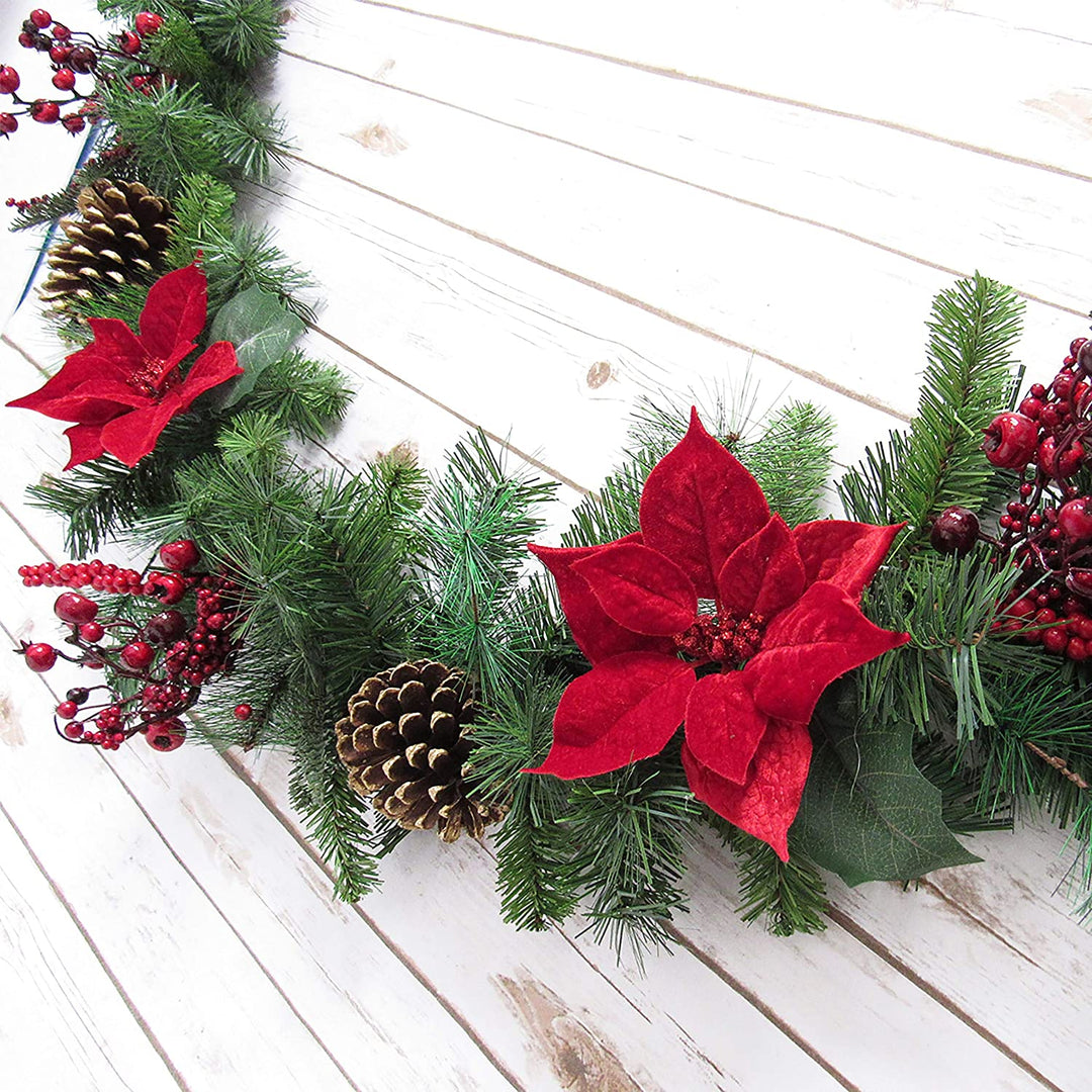 6ft Mixed Velvet Poinsettia Berry Pine Cone Garland Red Green 72" L X 8" W 7" Dp Un lit - Diamond Home USA