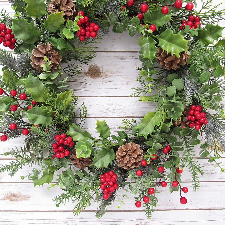 Mixed Berry Pine Cone Eucalyptus Wreath 24in Green Red 24" L X W 5 5" Dp Un lit - Diamond Home USA