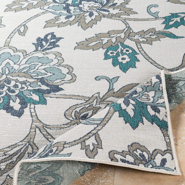MISC Floral Indoor/Outdoor Area Rug 8'9" Round White Botanical Transitional Olefin Synthetic Latex Free Pet Friendly Stain Resistant