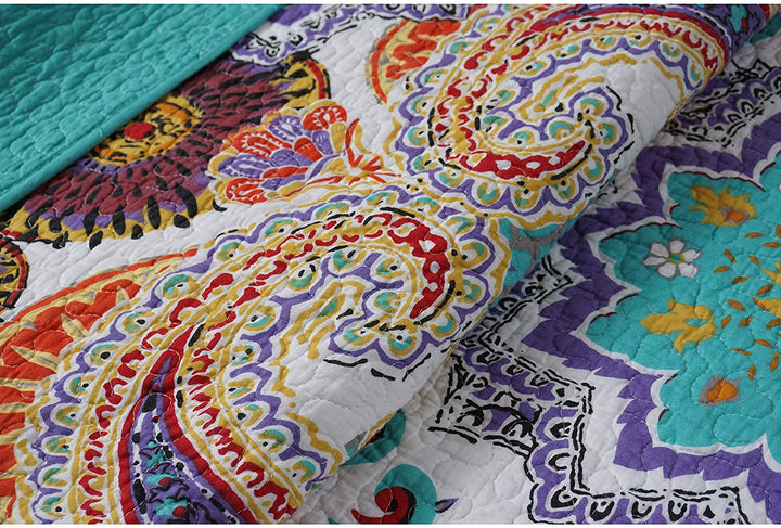 Quilted Cotton Throw Green Pink Purple Paisley Modern Contemporary Victorian - Diamond Home USA