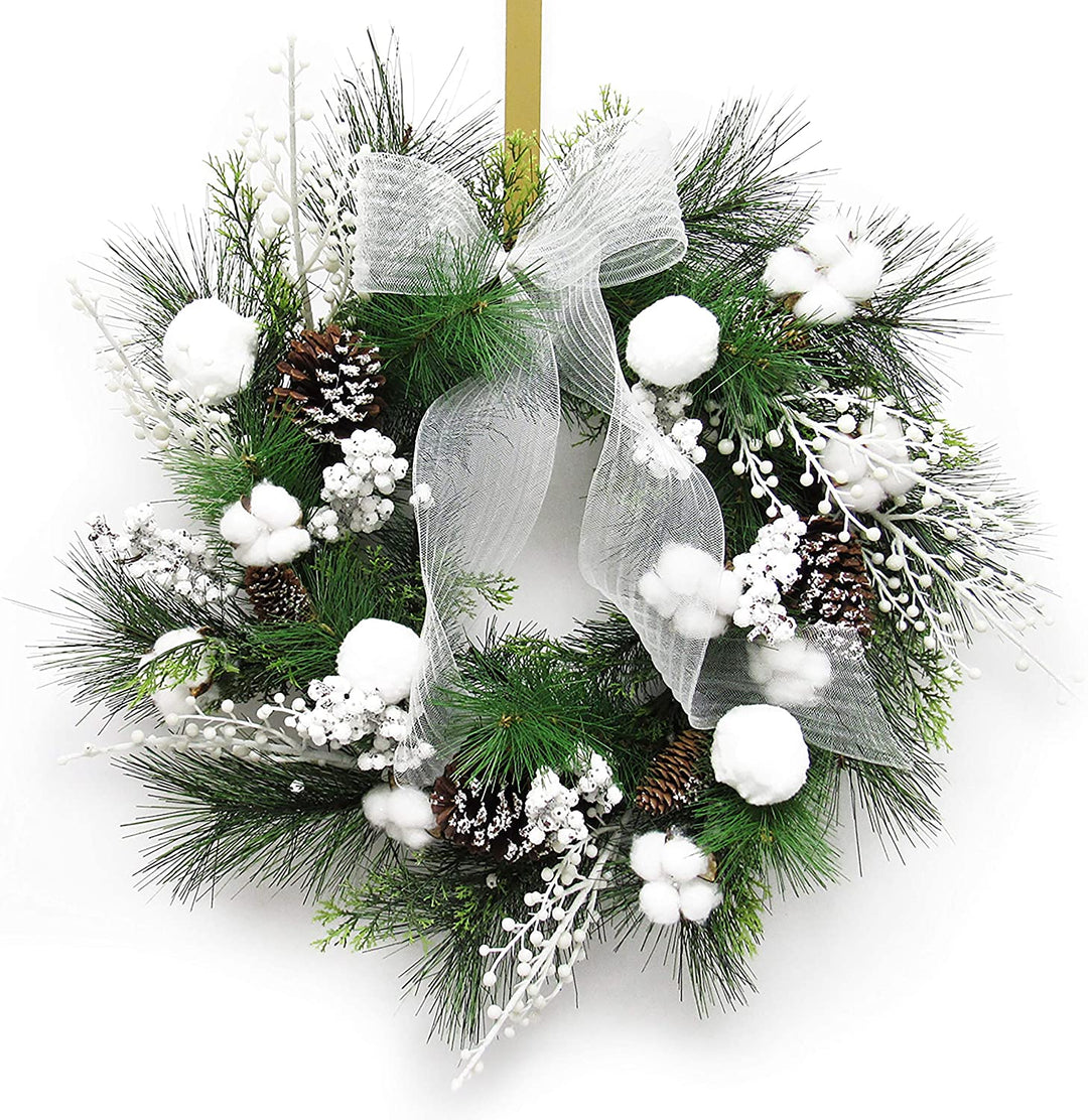 Frosty Cotton Berry Pine Cone Wreath 24in White 24" L X W 6" Dp Un lit - Diamond Home USA