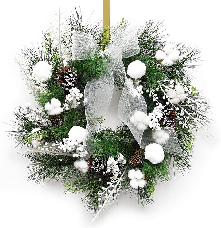 Frosty Cotton Berry Pine Cone Wreath 24in White 24" L X W 6" Dp Un lit - Diamond Home USA