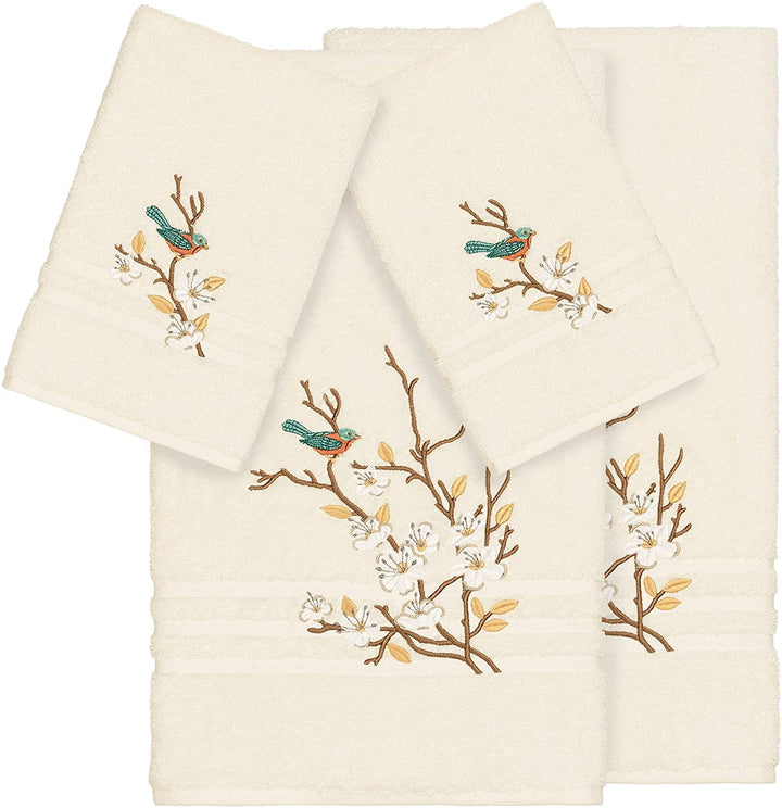 Turkish Cotton Blue Bird Embroidered Cream 4 Piece Towel Set