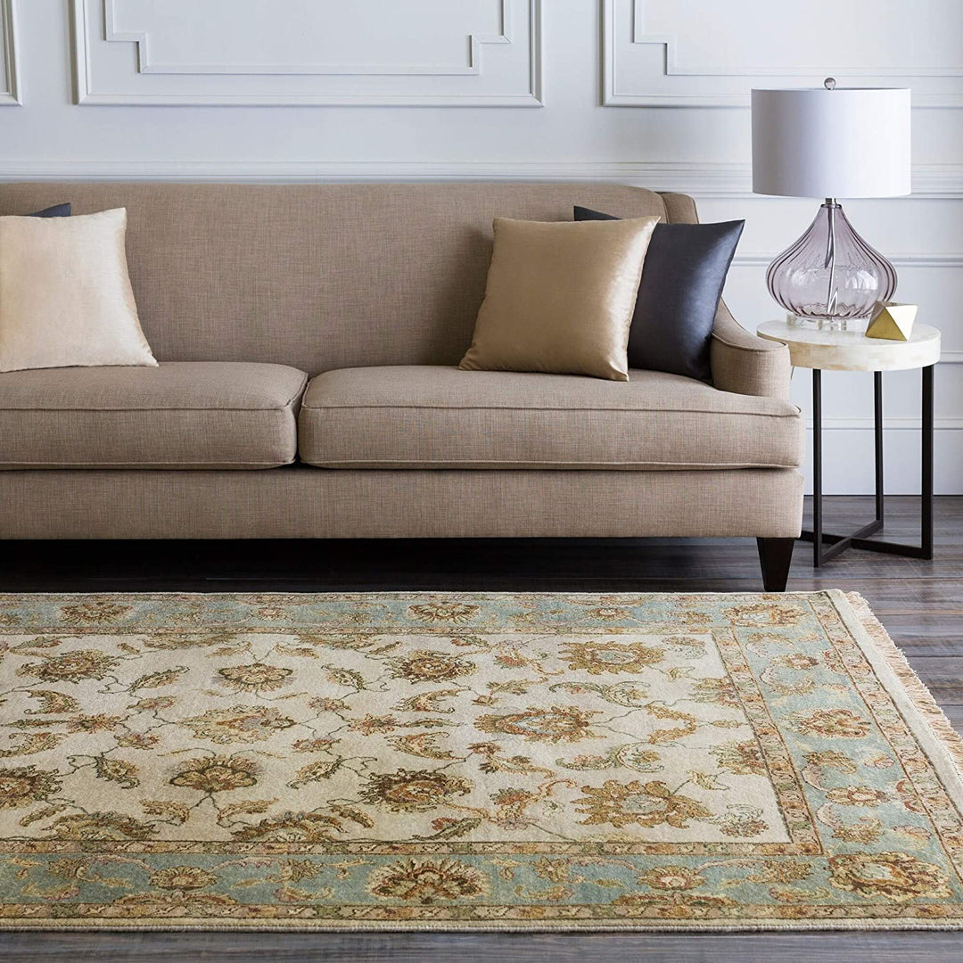 Hand Knotted Green Wool Area Rug 2' X 3' Ivory White