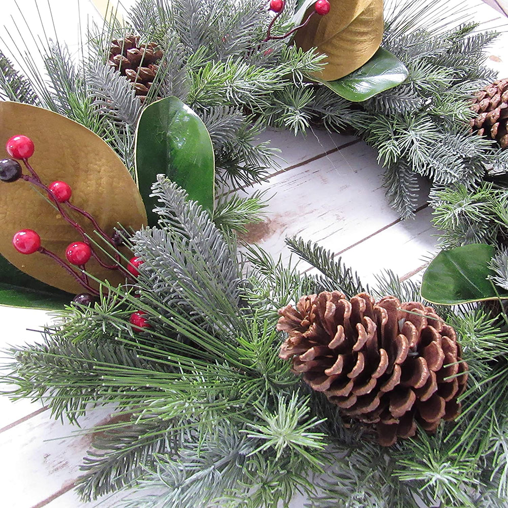 Mixed Berry Pine Cone Magnolia Leaf Wreath 24in Frosted Green 24" L X W 5 5" Dp Un lit - Diamond Home USA