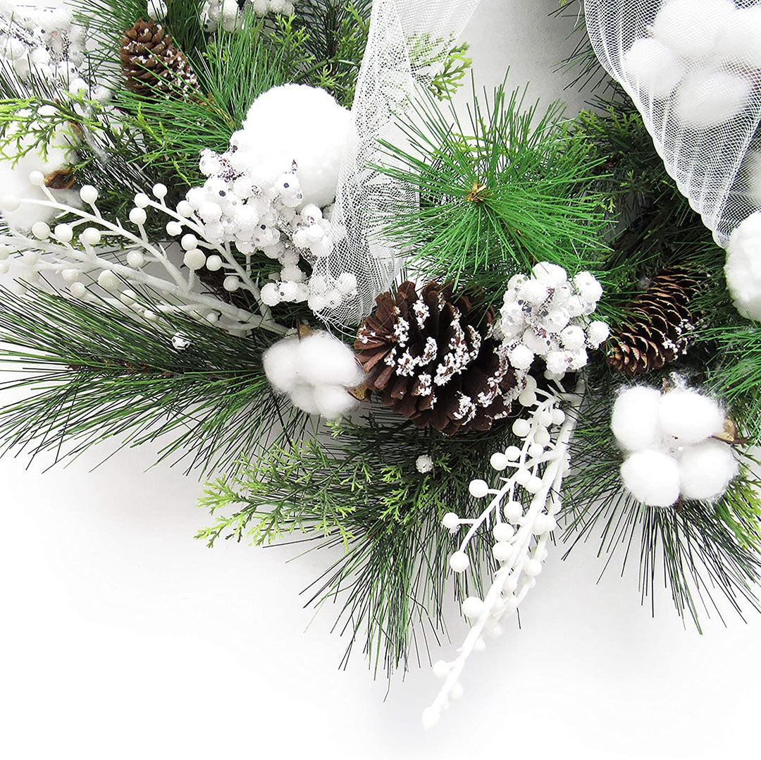 Frosty Cotton Berry Pine Cone Wreath 24in White 24" L X W 6" Dp Un lit - Diamond Home USA