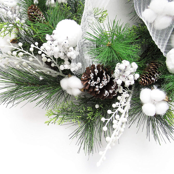Frosty Cotton Berry Pine Cone Wreath 24in White 24" L X W 6" Dp Un lit - Diamond Home USA