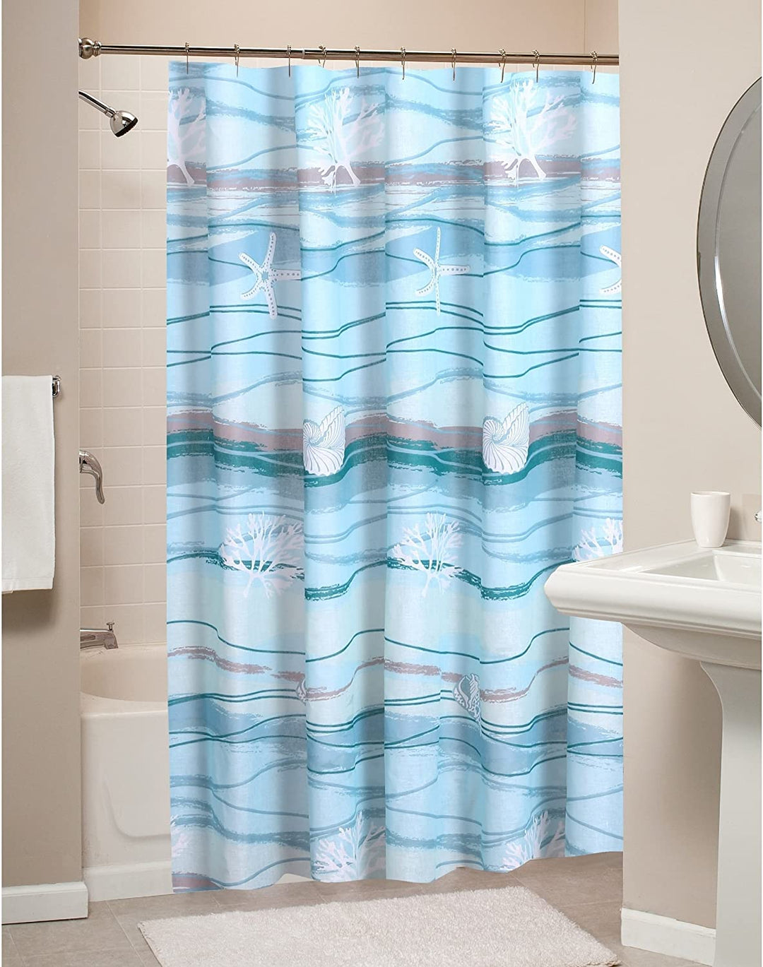 Aqua Grey Coastal Ocean Wave Themed Shower Curtain Silky Elegant Design Sea Shell Coral Oceanic Pattern Polyester Ocean Blue Waves Printed Sky Blue - Diamond Home USA