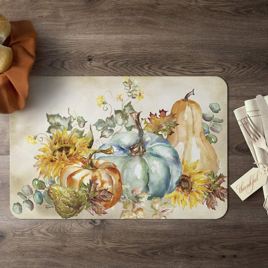 Wipe Clean Placemats Set 4 Harvest Pumpkins Sunflowers Color Rectangle Plastic - Diamond Home USA