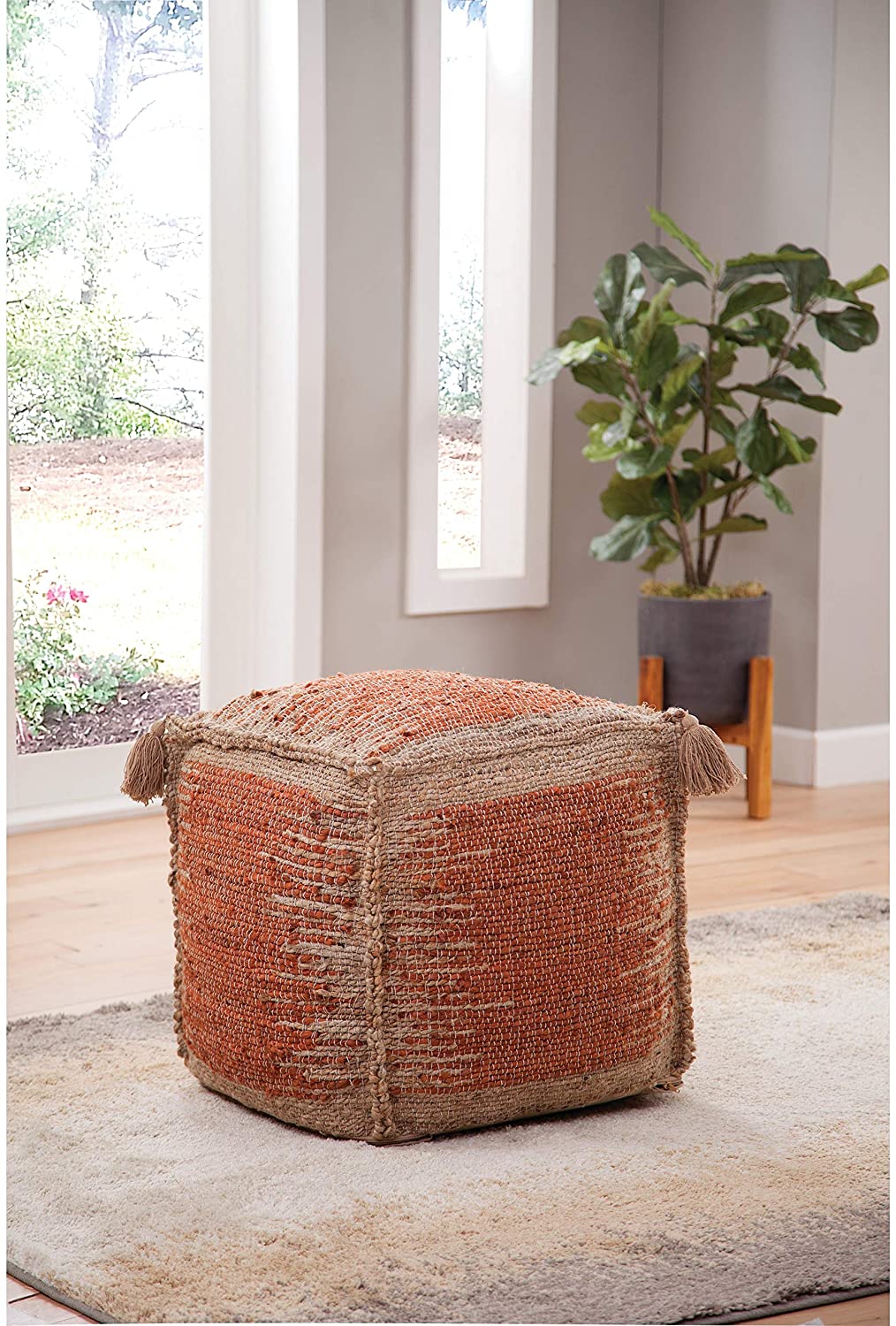 Handwoven Jute Pouf Red Moroccan Bohemian Eclectic Pattern