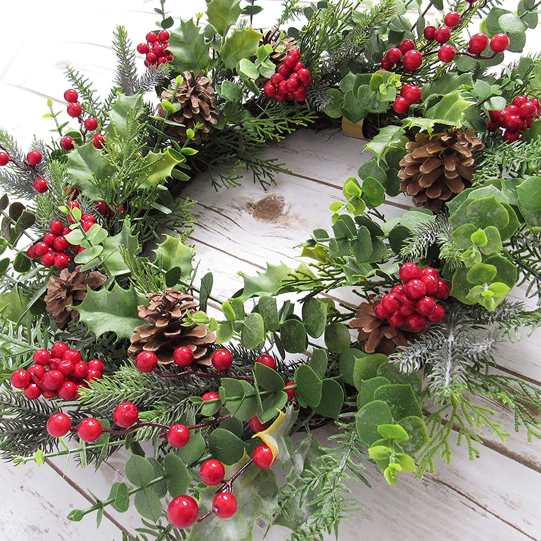 Mixed Berry Pine Cone Eucalyptus Wreath 24in Green Red 24" L X W 5 5" Dp Un lit - Diamond Home USA