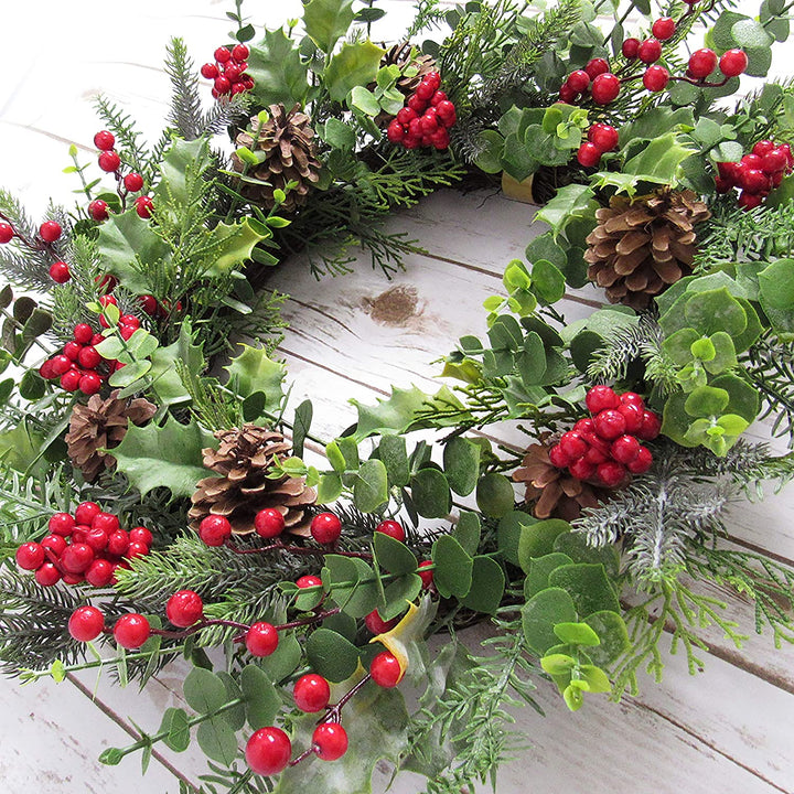 Mixed Berry Pine Cone Eucalyptus Wreath 24in Green Red 24" L X W 5 5" Dp Un lit - Diamond Home USA