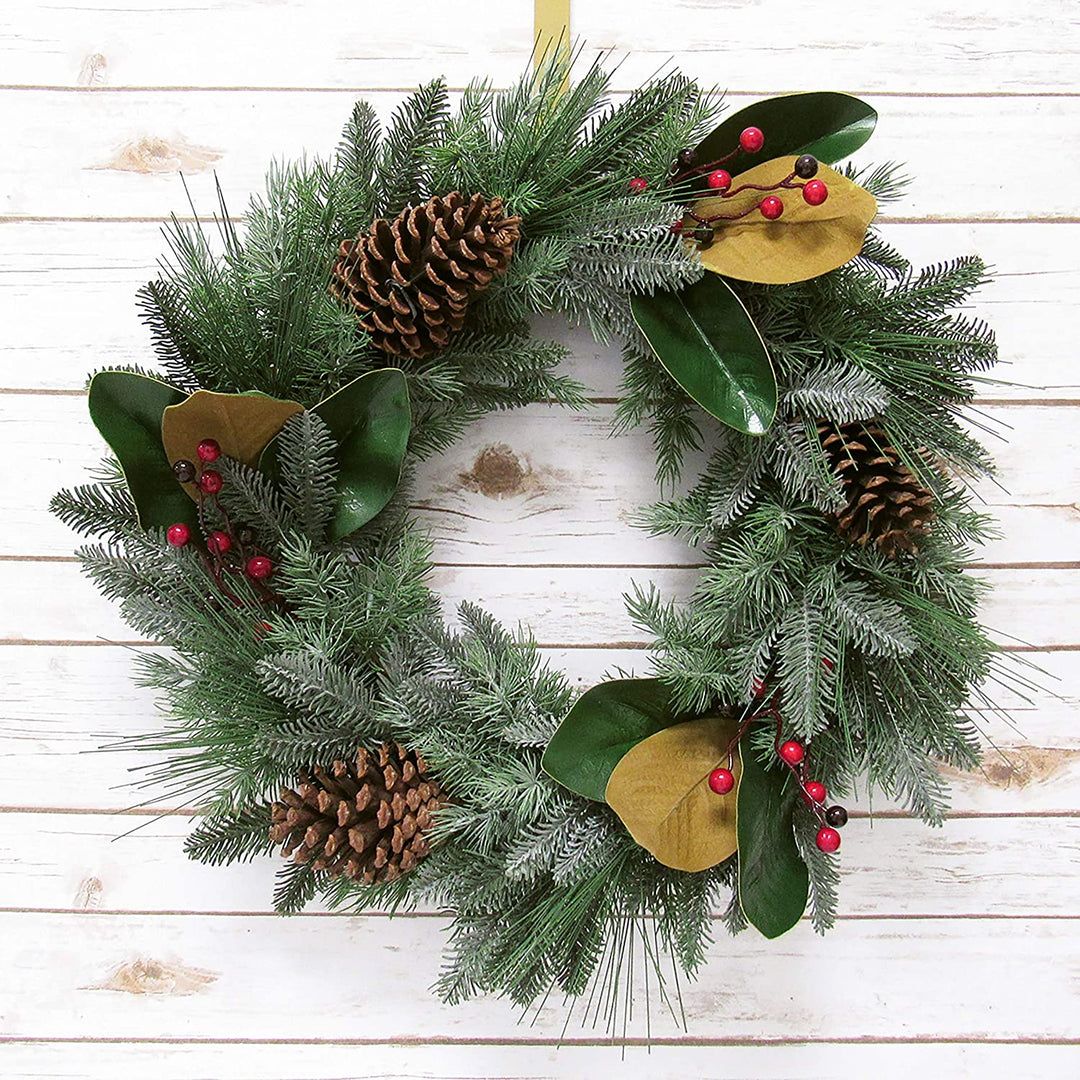 Mixed Berry Pine Cone Magnolia Leaf Wreath 24in Frosted