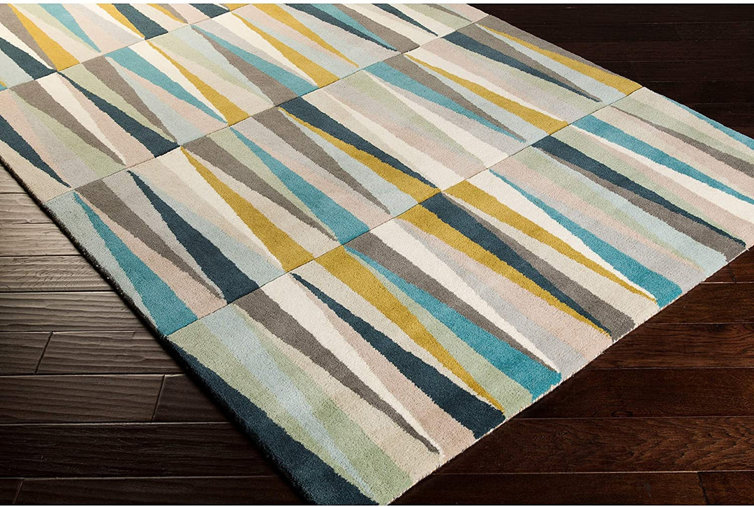 Hand Tufted Geometric Wool Area Rug 2'6" X 8' Runner Blue Color Block Mid Century Modern Contains Latex Handmade