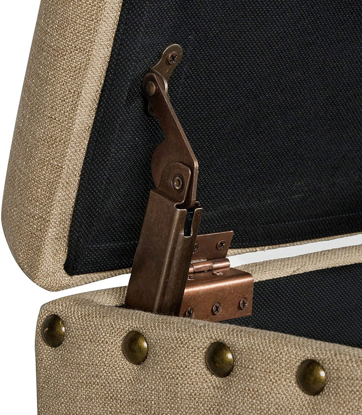 Upholstered Storage Bench Nailhead Trim Tan Solid Modern Contemporary Fabric Wood Cherry Finish Nailheads