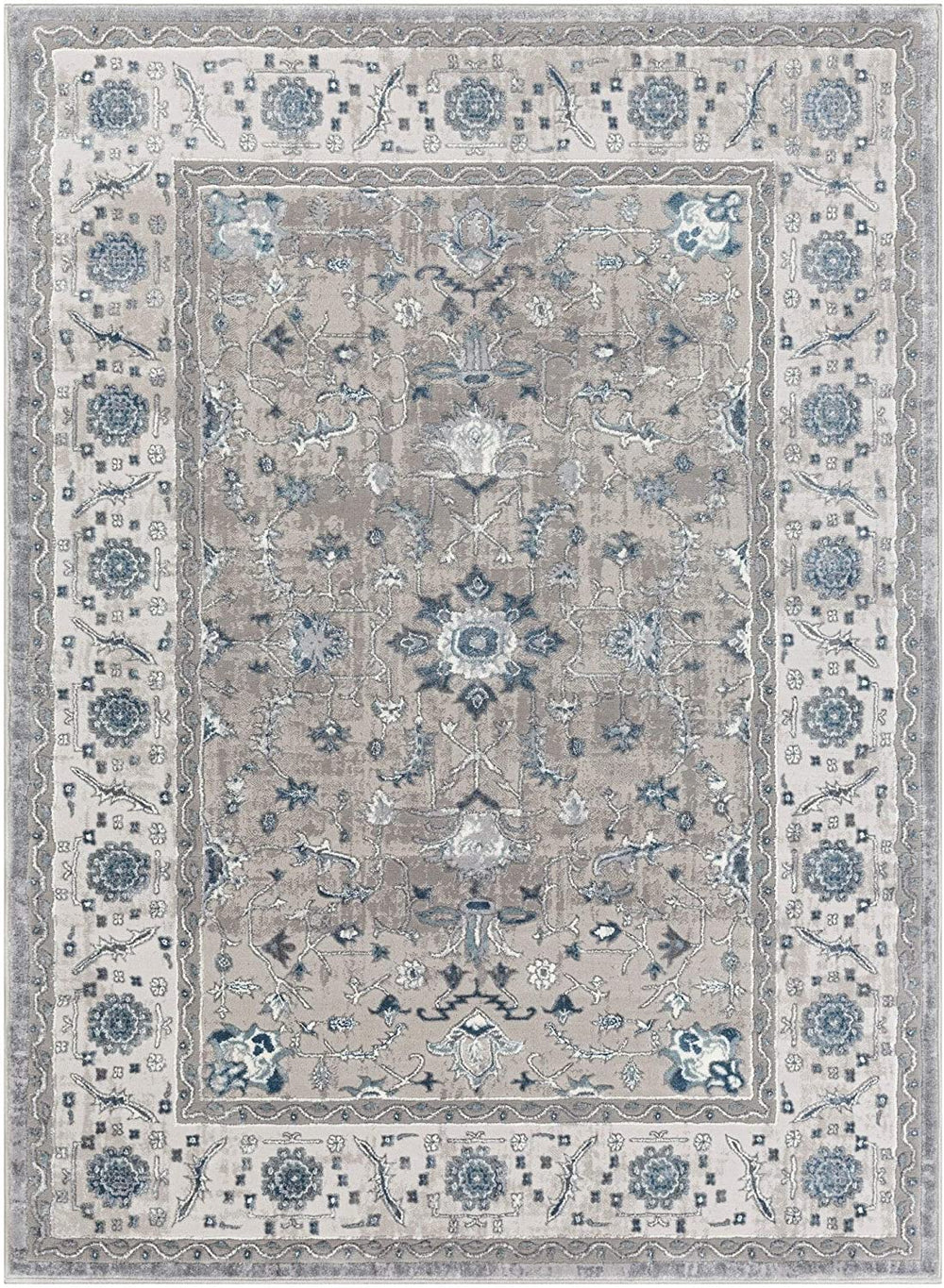 Blue Grey Traditional Area Rug 5'3" X 7'3" White Medallion Oriental Rectangle Polyester Polypropylene Latex Free