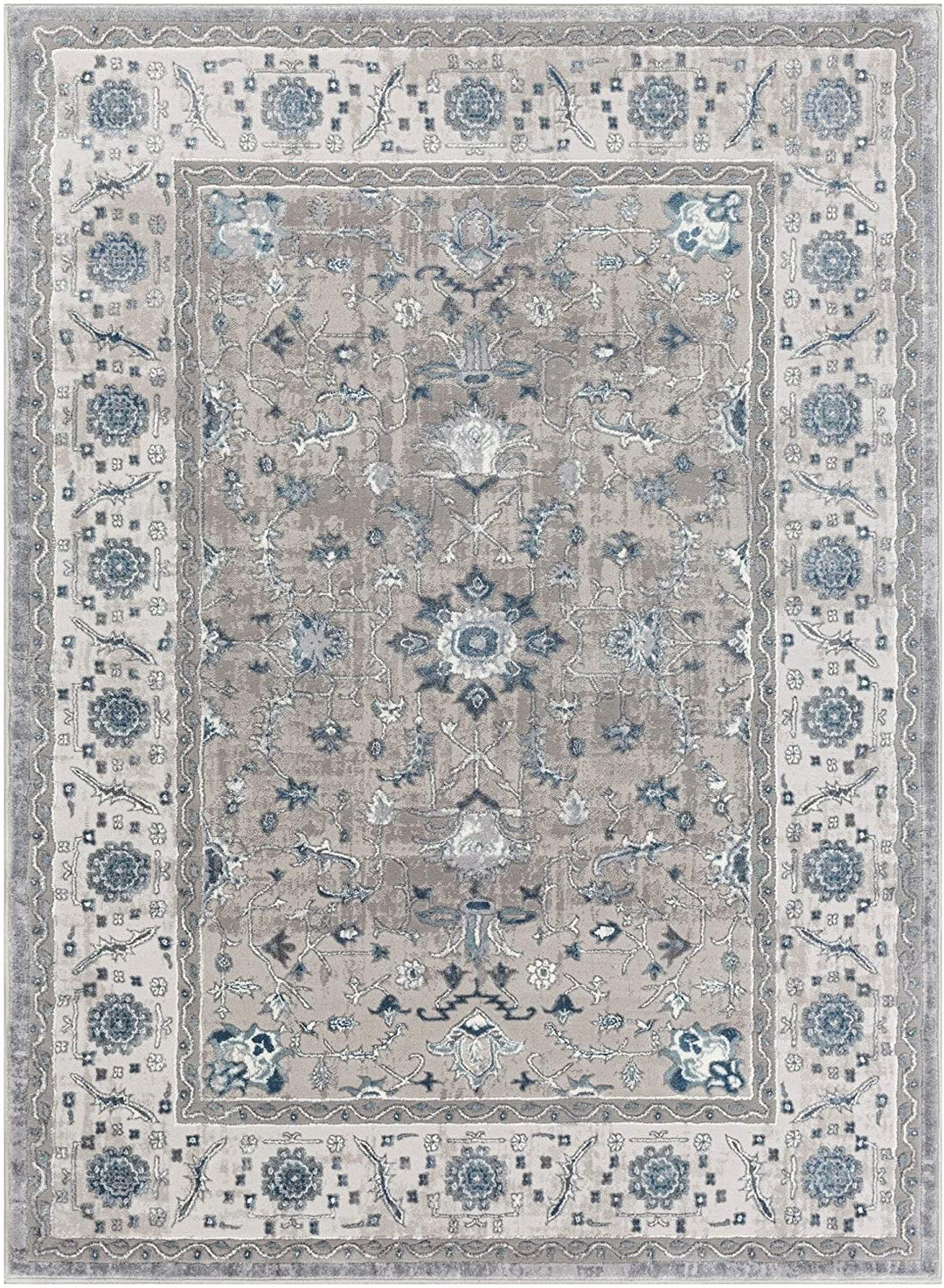 Blue Grey Traditional Area Rug 5'3" X 7'3" White Medallion Oriental Rectangle Polyester Polypropylene Latex Free