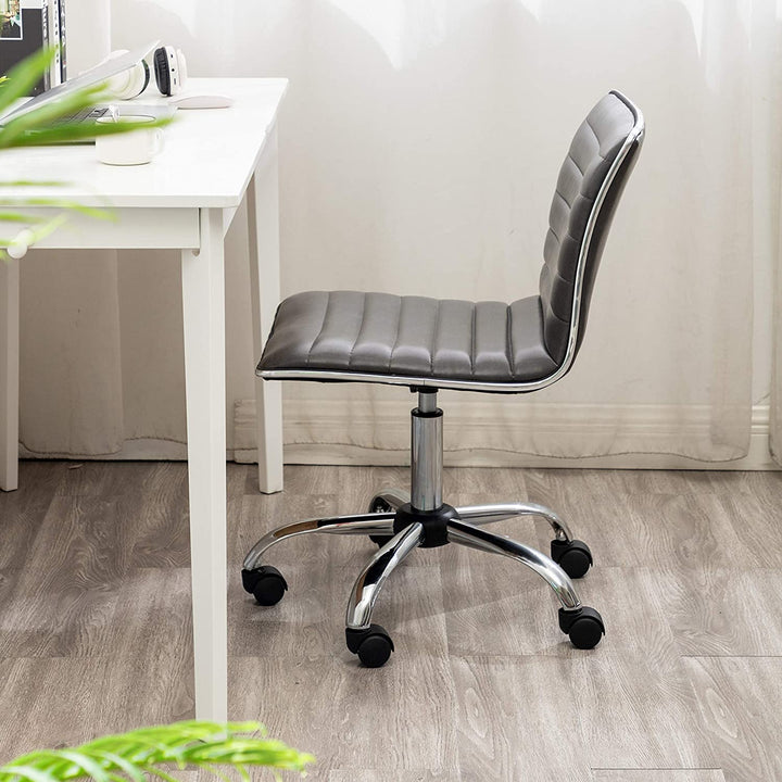 Swivel Mid Back Armless Ribbed Designer Task Chair Leather Soft Upholstery Office Gray Grey Transitional Chrome Adjustable Height - Diamond Home USA