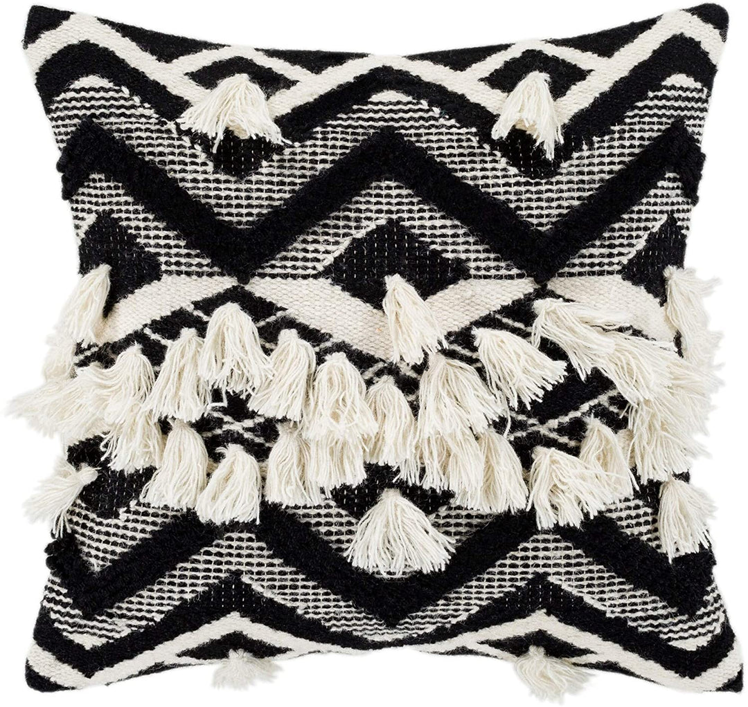 Black Cream Bohemian Tassel Feather Down Throw Pillow (20" X