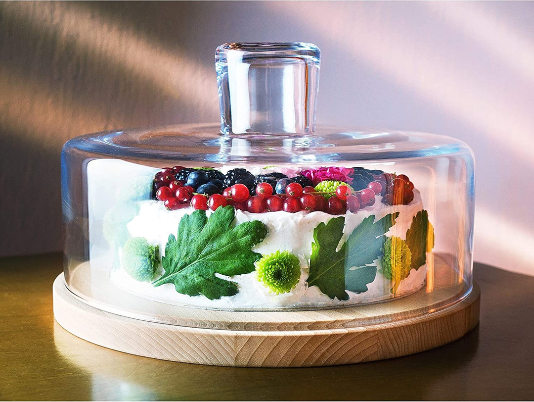 MISC European Wooden Cake/Cheese Plate W/Glass Dome Clear Dishwasher Safe