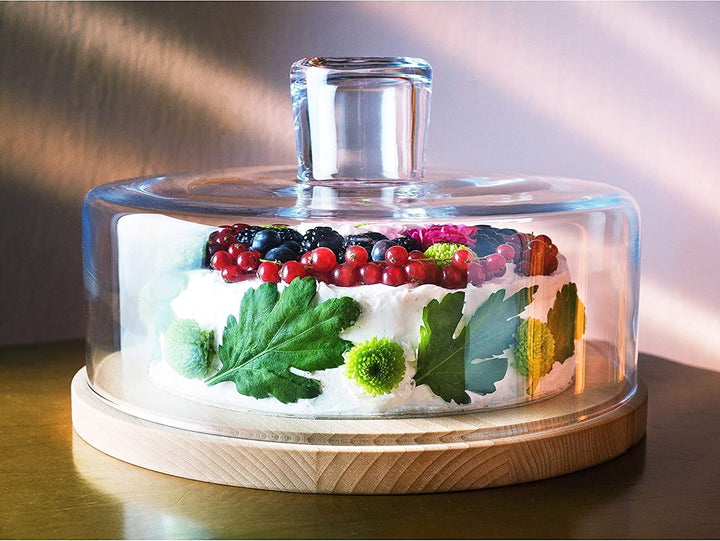 MISC European Wooden Cake/Cheese Plate W/Glass Dome Clear Dishwasher Safe