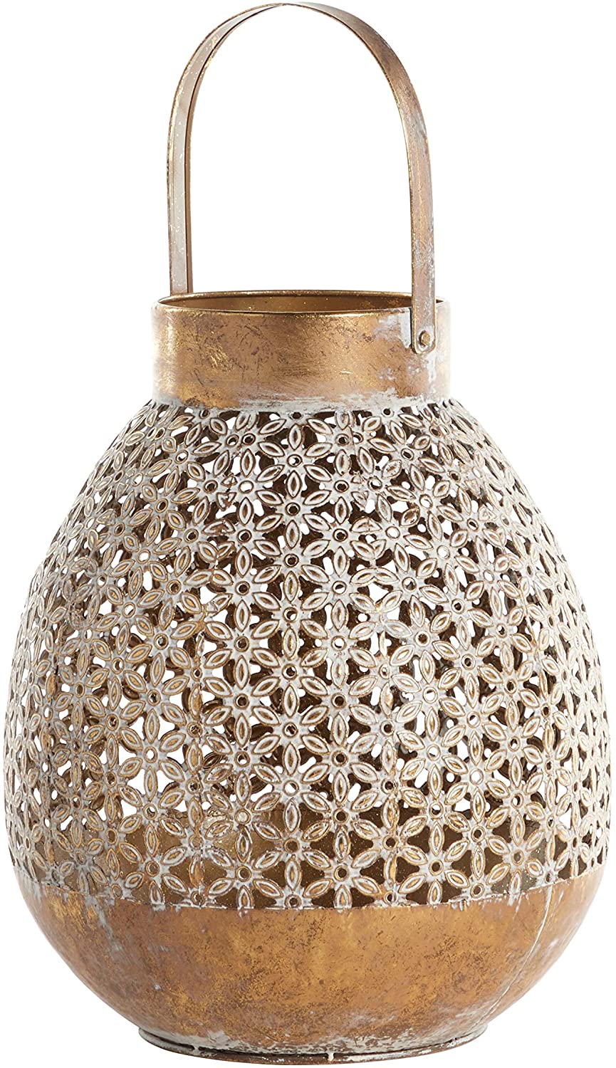 Round Distressed White Antique Gold Metal Lantern Floral