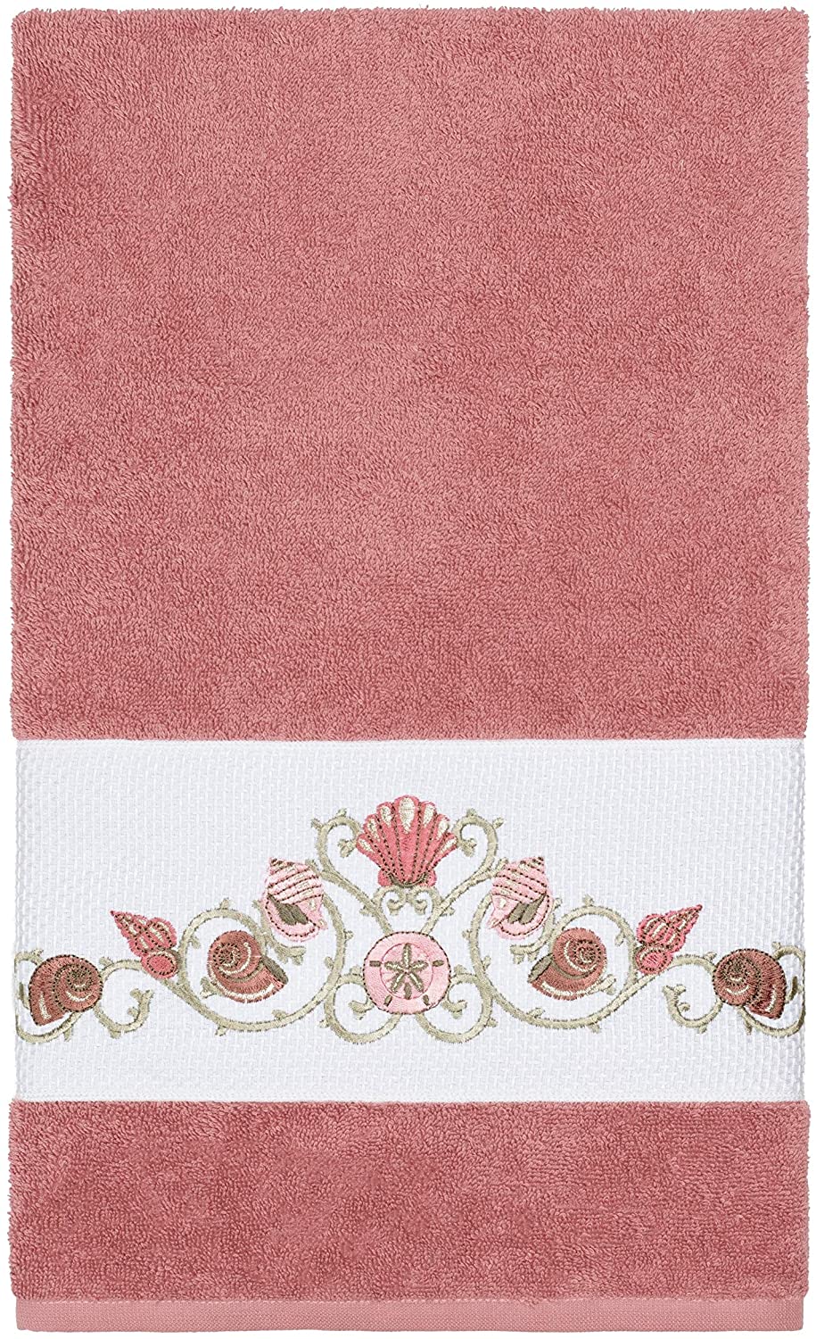 Turkish Cotton Shells Embroidered Tea Rose 3 Piece Towel Set Pink Terry Cloth - Diamond Home USA