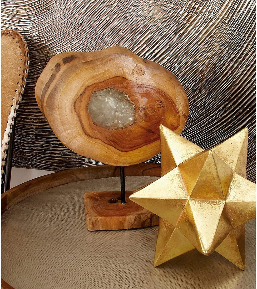 Teak Metal Resin Sculpture Brown Clear Acrylic Iron