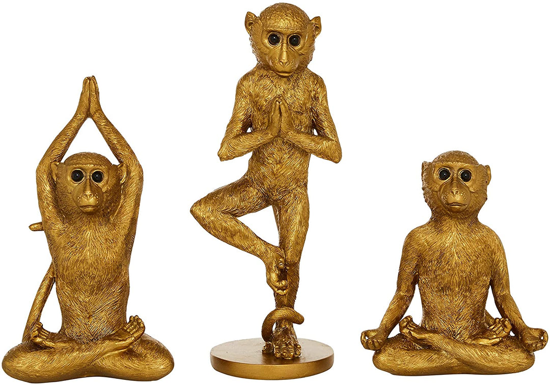 Metallic Gold Monkey Sculptures Set 3 4 X 11