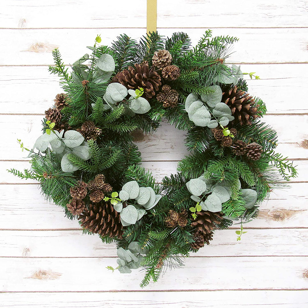 Mixed Pine Cone Eucalyptus Wreath 22in Green 22" L X W 5