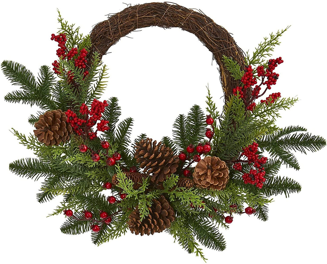 22" Mixed ine Cedar Berries Cones Artificial Wreath Green