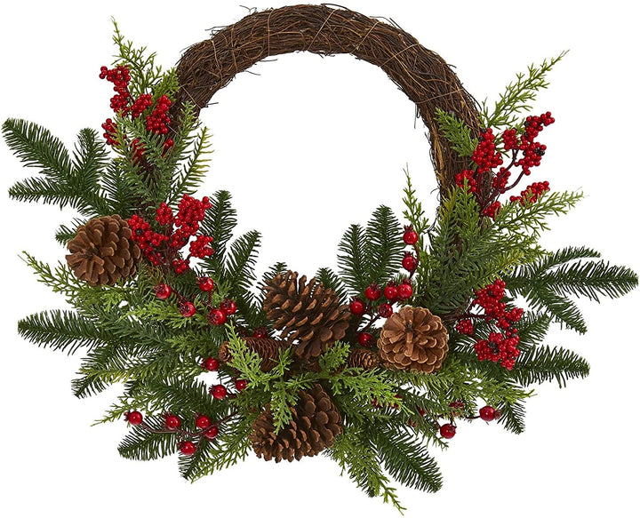 22" Mixed ine Cedar Berries Cones Artificial Wreath Green
