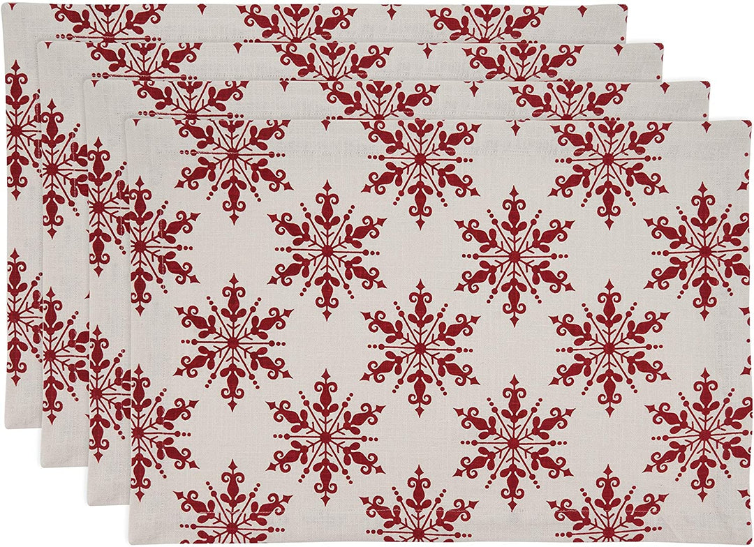 Cotton Placemats Snowflake Design (Set 4) Red Oblong - Diamond Home USA