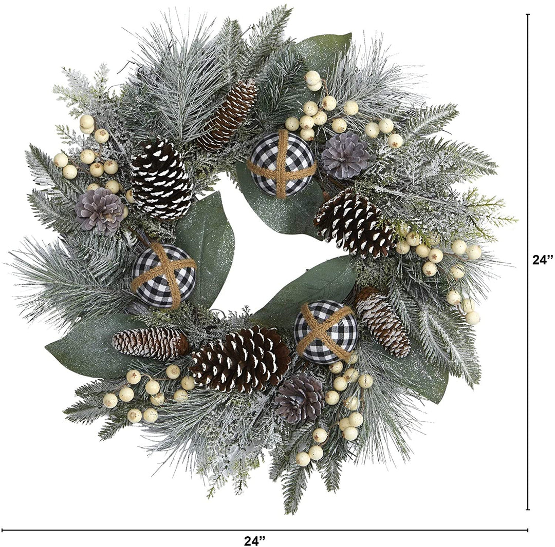 24" Snow Tipped Holiday Wreath Berries Pine Cones Ornaments - Diamond Home USA