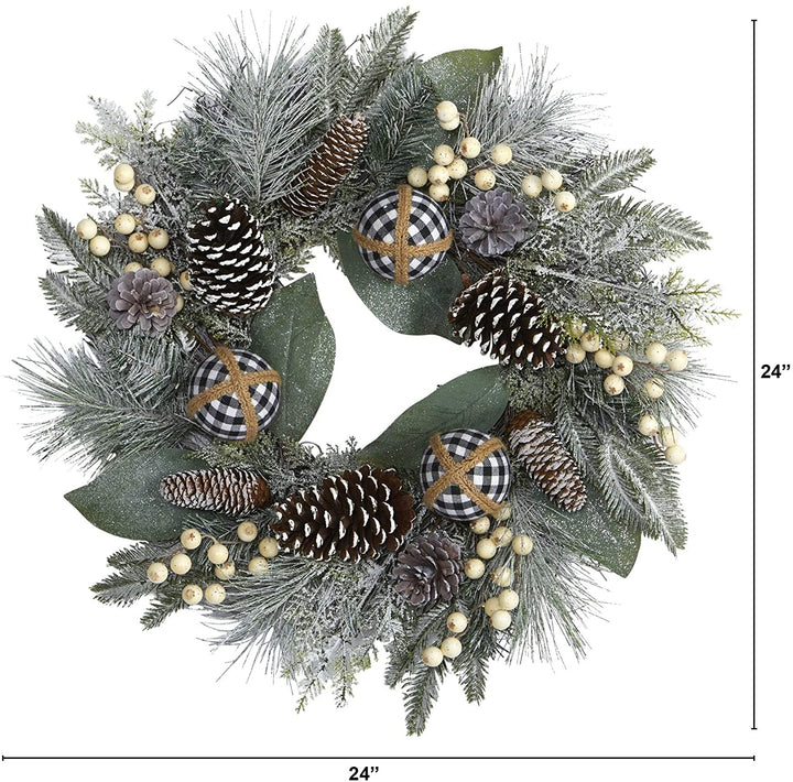 24" Snow Tipped Holiday Wreath Berries Pine Cones Ornaments - Diamond Home USA