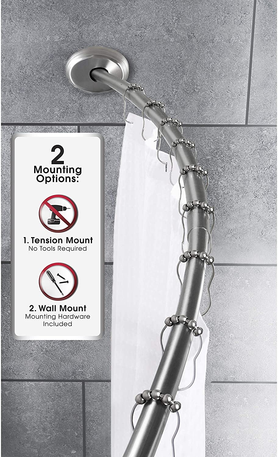 Smart Rod Dual Mount Curved Shower Curtain Brushed Nickel Aluminum