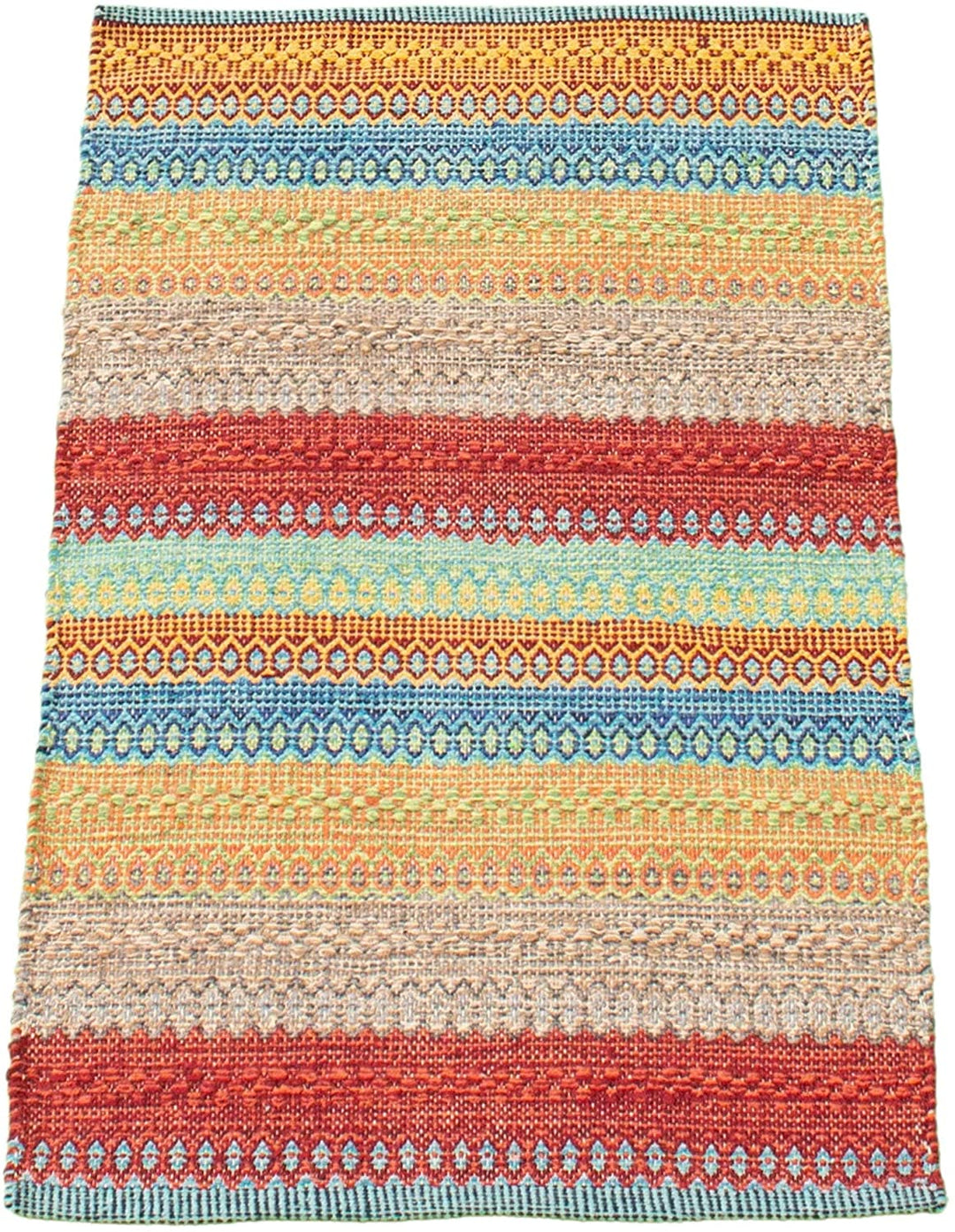 Flat Weave Bold Colorful Khaki Red Wool 2'0 X 3'0 Ivory Stripe Patterned Southwestern Transitional Rectangle Cotton Latex Free Handmade Made - Diamond Home USA